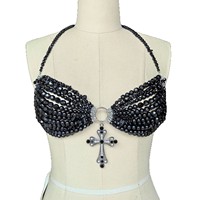 Top court à bretelles orné de perles, style punk gothique, fait main, pour femme, pour festival, en noir