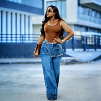 ZHEZHE 2026 Nouveau Jean ample de style européen/américain inspiré des créateurs, avec volants, effet deux-pièces, streetwear, printemps