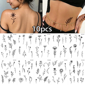 Adesivi per Tatuaggi Temporanei Minimalisti con Linee Floreali, Contorno Nero, Rami di Piante, Tatuaggi Finti, 10 Pezzi, Impermeabili, Piccoli Adesivi Decorativi per il Corpo - Product Image 2