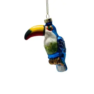 Hand Blown Blue And Black And Green Glass Big Mouth Bird Christmas Ornament
