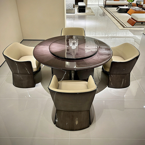 Mesa de Comedor Redonda de 4 Plazas con Acabado en Madera Natural y Laca Brillante, Giratoria 360 Grados, para Casa o Villa, Modelo Success Project Case - Product Image 1