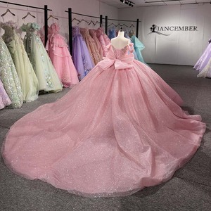ชุดราตรีงาน Quinceanera สีชมพูกลิตเตอร์แบบเปิดไหล่ผูกโบว์สำหรับผู้หญิง 1572 ชุดสำหรับงานปาร์ตี้ - Product Image 3