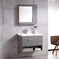 Meuble-lavabo mural moderne en contreplaqué étanche avec vasque en céramique et miroir de rangement pour hôtels