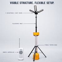 Lampe de travail LED sur trépied avec télécommande, intensité réglable, 3 têtes de lampe ajustables, mât télescopique, éclairage de chantier, éclairage de chantier de construction