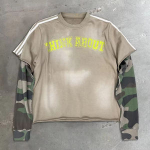 T-shirt Homme Streetwear Personnalisé en Coton Épais Camouflage Coupe Oversize Courte à Manches Longues Double Gaufrées Effet Vieilli et Délavé - Product Image 1