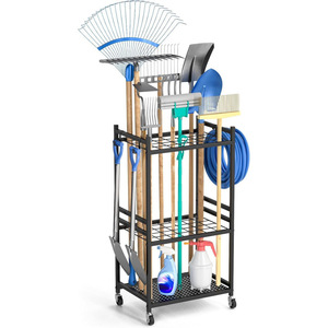 Cross-border wheeled <b>gardening</b> tool storage rack, garage outdoor long-handled tool storage tower with 3 <b>hooks</b> - Product Image 1