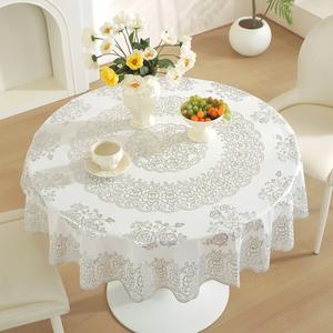 <span class=keywords><strong>Nappe</strong></span> <span class=keywords><strong>ronde</strong></span> en dentelle florale en PVC de 72 pouces, chemin de table avec revêtement doré, imperméable, jetable - Product Image 5