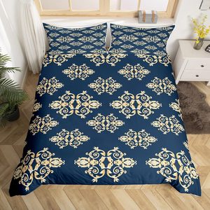 Funda de edredón con estampado barroco azul dorado azul marino Paisley funda de edredón bohemio Vintage Hippie Boho juego de cama patrón barroco abajo - Product Image 1