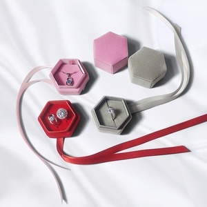 Wholesale Luxury Hexagonal Velvet Box for Jewelry Engagement <b>Ring</b> Pendant Box with Ribbon - Product Image 4
