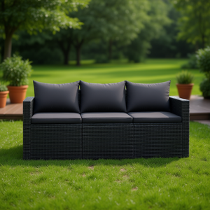 Sofá de Patio de 3 Plazas de Ratán Sintético Negro con Cojines, Sofá de Jardín para Exteriores, Diseño Contemporáneo - Product Image 2
