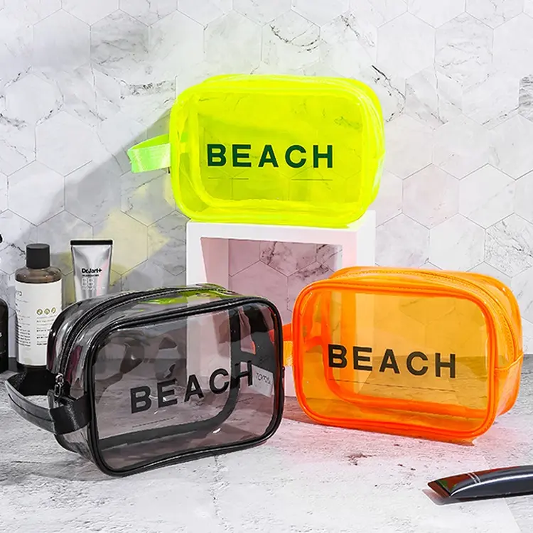 Bolsa de maquillaje impermeable con logotipo personalizado, bolsa de maquillaje con logotipo transparente para la playa, venta al por mayor