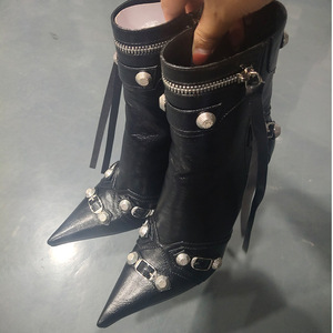 Botas De Mujer Western Style Rivet Studded Side Leather Ankle High Women <b>Heel</b> Boots for Ladies - Product Image 5