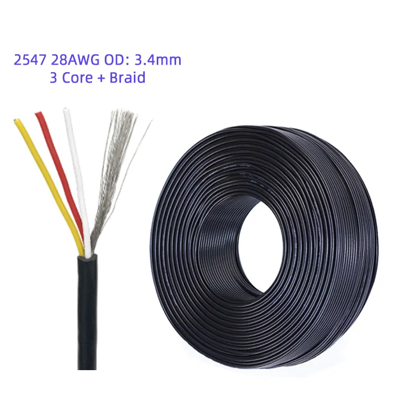 Awm 2547 28awg Kabel 3 Core Draad Met Gevlochten Multi Afgeschermde Vertinde Koper Buitendiameter 2.8Mm Geslepen Stroomdraad Kabel