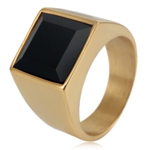 yunnique Men's <b>Gold</b> Steel Color Geometric <b>Ring</b> Black Gemstone Bezel Setting Jewelry Gift - Product Image 1