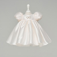 Robe de mariée pour bébé fille, style classique de luxe, en satin blanc uni, coupe trapèze, longueur genou, manches bouffantes, nœud perlé, ourlet évasé, vente en gros OEM ODM