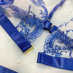 Conjunto de Lencería <span class=keywords><strong>Sexy</strong></span> de Encaje Azul con Bordado de 3 Piezas, Ecológico y Transpirable, Regalo de San Valentín, Medias para Mujeres Gordas - Product Image 4