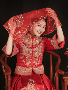 Hiyab Rojo para Novia, Velo Translúcido con Apliques para Boda, Vestido Xiuhe, Pañuelo para la Cabeza para Boda China, Ceremonia, Hecho en China - Product Image 3