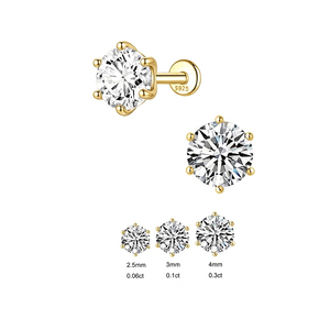 Clásicos Pendientes de Plata S925 con 6 Puntas, Baño de Rodio, Morganita Color D, Parte Trasera Plana, Tamaños Múltiples 2.5mm 3mm 4mm, para Cartílago, Regalo - Product Image 1