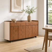 Buffet de luxe en cuir tressé avec verre trempé et décor en acier inoxydable, meuble de salle à manger
