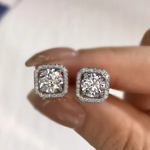 GRA bersertifikat Moissanite berlian 0.5 1 2 ct antik persegi Halo anting Stud untuk wanita 925 perak murni 18k mawar emas perhiasan