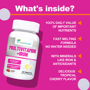 Comprimés de Multivitamines + Fer à Marque Blanche pour l'Énergie et la Vitalité (Vitamine C) – Comprimés à Croquer Multivitamines et Fer - Product Image 3