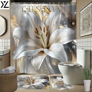 Modern Klasik 4 Parçalı Kancasız Su Geçirmez Duş Perdesi Seti 12 Kanca Özelleştirilmiş Renk Tasarımı Dijital Baskılı Karikatür - Product Image 1