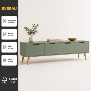 Consola de <span class=keywords><strong>TV</strong></span> Nórdica Color Verde Salvia, 4 Puertas Abatibles, Patas de Roble Macizo, Tirador en J, Venta al por Mayor OEM - Product Image 1