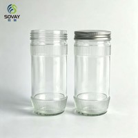 Pot en verre cylindrique transparent à rayures verticales 430 ml, récipient en verre fileté de qualité alimentaire pour miel, confiture, chutney, usage domestique et commercial