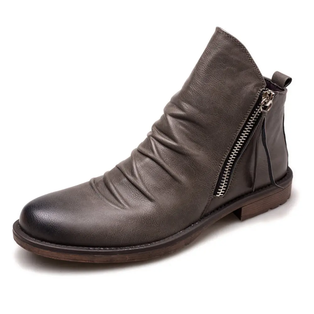 Mens Vintage Zip Leather Boots Lady Big Toe Business Casual Cowboy Boot Women Unisex Fashion High Top Dress Riding Boots