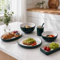 Service de table bicolore vert et blanc 100 % mélamine, vaisselle de qualité alimentaire, assiettes et bols, passe au lave-vaisselle, réutilisable
