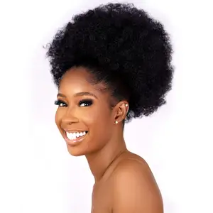 Rambut Keriting Sintetis Kuncir Ekor Kuda Afrika Amerika Pendek Afro Keriting Bungkus Tali Serut Puff Rambut Ekor Kuda Ekstensi Wig dengan