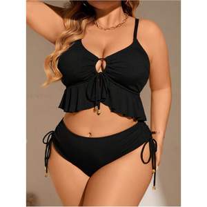 Ensemble de bikini personnalisé pour femmes grandes tailles, haut court à volants, maillot de bain deux pièces taille haute, encolure halter, Spandex Polyester - Product Image 3
