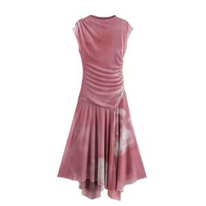 Robe maxi en satin pour femmes pour le printemps et l'été, style floral vintage, col sans manches, plissée, maille de soie décorative, pull-over - Product Image 3