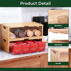 Wooden Tea Bag <b>Storage</b> <b>Box</b> Rectangular Transparent Acrylic Covered Standing Type For Kitchen Use - Product Image 4