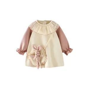 Lovely Sweet Summer Girls Dresses Knitted Polyester cotton children's dress with Bows Lace and Doll Rabbit