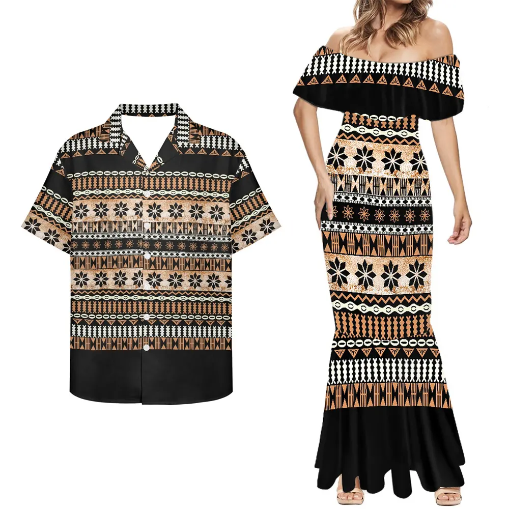 Polynesian Tribal Pattern Plus Size Women's Clothing 6XL Mermaid Dress Off Shoulder Casual Dresses And Men Shirt 2pcs Custom Set