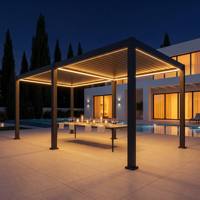 Grand pavillon extérieur robuste en aluminium avec commande manuelle, à double toit à lamelles, éclairage intégré, résistant aux intempéries, idéal pour café