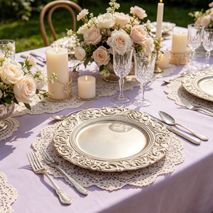 Assiettes de présentation baroques or champagne avec bord festonné orné pour une mise en scène de table de banquet de mariage aux tons <span class=keywords><strong>pastel</strong></span> doux - Product Image 2