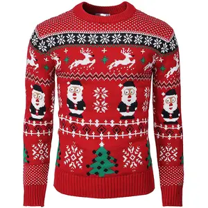 定制针织图案搞笑长袖圆领情侣家庭丑陋圣诞套头衫男式圣诞毛衣