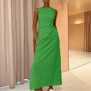 定制夏季镂空百褶设计绿色棉亚麻马克西连衣裙，适合Lino Di Cotone Senza Maniche的Abito Da Donna女士