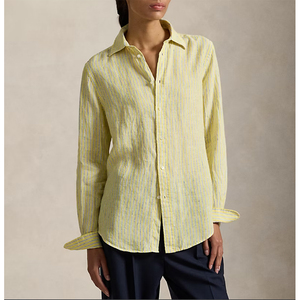 Custom Logo Women's Yellow Vertical Striped Linen Blend Oversized Long Sleeve Summer Shirt - Product Image 1