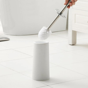 Brosse de toilette blanche avec manche et support en acier inoxydable, poils doux, outil de nettoyage de salle de bain cylindrique - Product Image 4