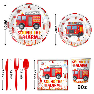 Fire Truck Party Supplies Birthday Decoration Set <b>Paper</b> Plates Cups <b>Tablecloth</b> Banner Disposable Kids 2-4 Years - Product Image 2