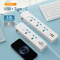 Enchufe Universal SUZHERM CB-206, Diseño de Fila Recta, 2/3/4/5 Posiciones, 2 Puertos USB, 1 Puerto Tipo-C, Interruptor de Control Principal