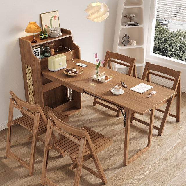 Solid Wood Luxury Folding Dining Table with Telescopic Extension and Storage Side Cabinet Multi-Functional for Home & Hotel Use