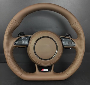 Volant personnalisé en cuir perforé marron//fibre de carbone à <span class=keywords><strong>3</strong></span> branches avec palettes de changement de vitesse pour <span class=keywords><strong>Audi</strong></span> A3/A4/A5/A6/Q3/Q5/Q7/Q8/S/RS - Product Image 1