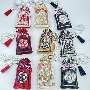 Bling Cartoon Perfume Bottle Keychains Luxury Leather Tassel Keyring Bag Charm Rhinestone Encrusted Pendants Handbag Accessories