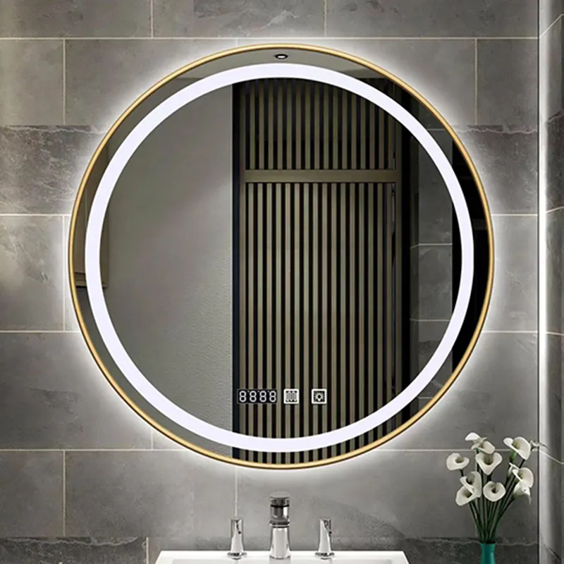 Miroir de maquillage mural intelligent miroir de courtoisie de salle de bain à armature ronde en métal avec lumière led