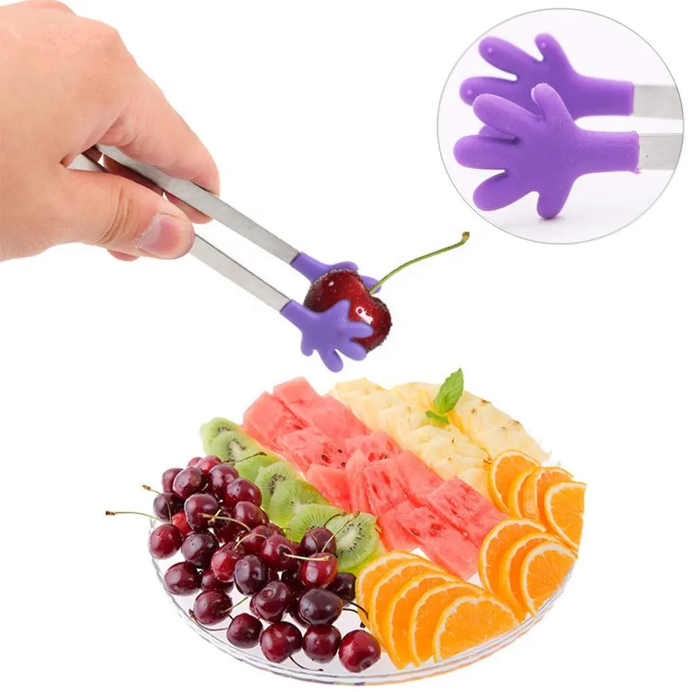 4 Stuks Mini Tang/Ijs Tang Rvs Hand Siliconen Groente Fruit Salade Cake Clip Voedseltangen
