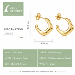 Boucles d'oreilles clous sculpturales en forme de goutte fluide, boucles d'oreilles créoles ouvertes en acier inoxydable plaqué or 14K sous vide, options de couleurs or et argent - Product Image 3